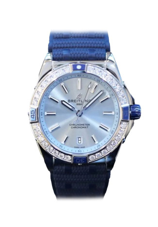 Breitling Super Chronomat 38mm Steel & diamond Case Turquoise Dial Blue Rubber Bracelet A17356531C1S1
