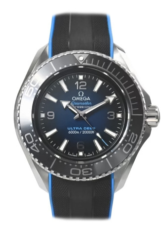 This Omega Seamaster Planet Ocean 6000m with reference 215.32.46.21.03.001 has a 46mm O-MegaSteel Case. It features a Blue Dial on a Rubber Strap.